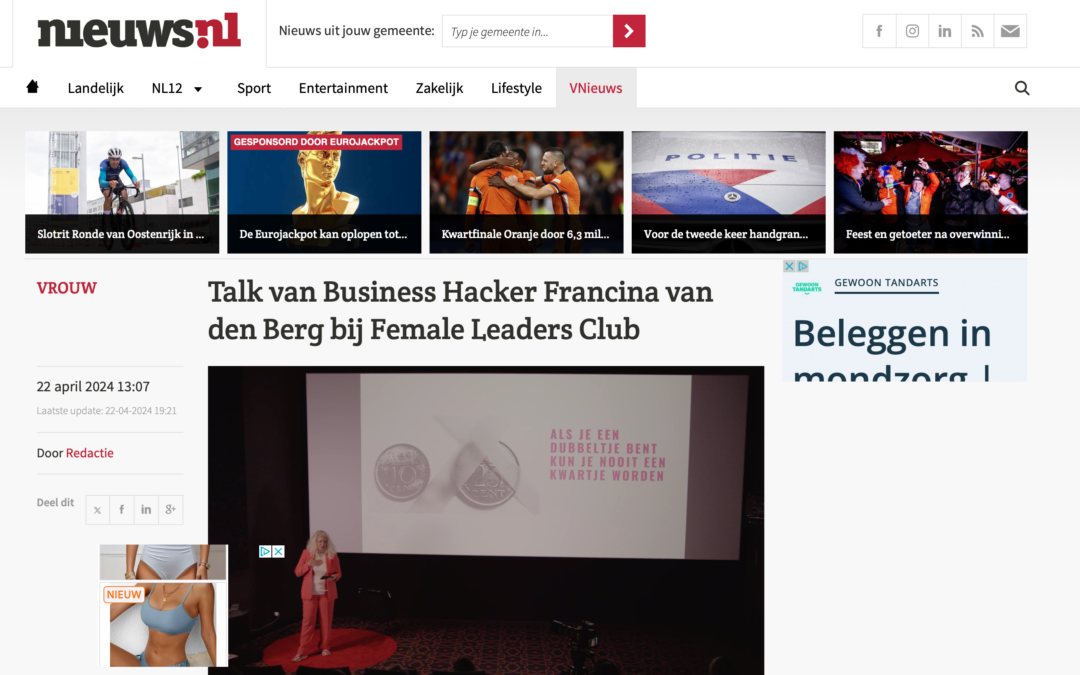 Nieuws.nl – Talk van business hacker Francina van den Berg bij Female Leaders Club